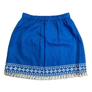J. Crew NEW SMALL Blue White Linen Blend Tassels Embroidered Pull On Mini Skirt‎